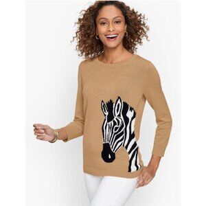 Talbots Tan Crew‎ Neck Zebra Sweater Women Medium.